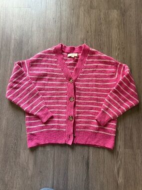 LOFT Pink and White Striped V-Neck Button Cardigan Cotton Preppy Colorful